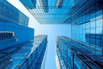 Fototapeta na wymiar Blue Sky Metropolis: Reflective Glass Towers of the Future