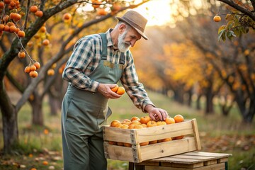 Agricultural industry. A wooden box with a persimmon in the hands of a male farmer. The gardener is harvesting a rich harvest. Close-up, sunlight. Autumn fruit picking.