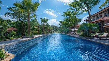 outdoor pool at the hotel with palms tree in summer