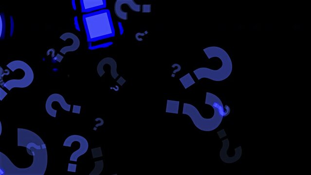 Blue question marks sign moving right on black alpha background