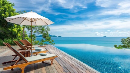 Relaxing by the pool during summer vacation, with a veranda equipped with deck chairs and an umbrella, all overlooking the ocean - obrazy, fototapety, plakaty