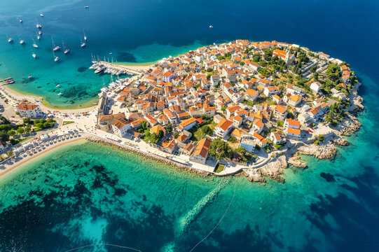 Aerial view of the picturesque Primosten town, Adriatic sea, Croatia