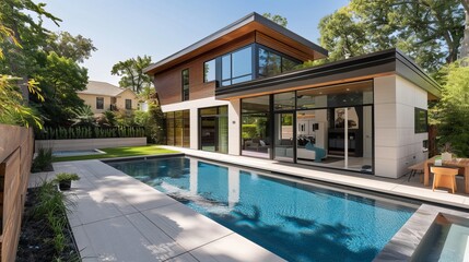 The backyard of a modern home featuring a swimming pool as a highlight of the property