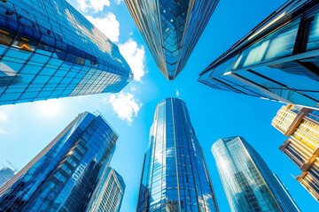 Fototapeta na wymiar Shiny Skyscrapers in New-Age Cityscape under a Clear Blue Sky