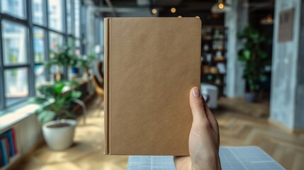 A blank brown book cover is displayed on a modern office background.