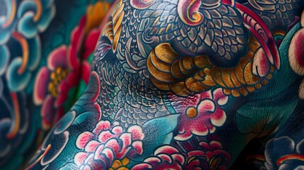 Fototapeta na wymiar Vibrant colors dance across the skin in intricate patterns, as the tattoo design comes to life in stunning detail under the sharp focus of the camera.