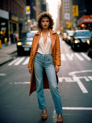 Fototapeta premium Retro Chic Fashion in NYC: Model in Leather Jacket and High-Waisted Jeans.
