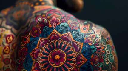 Vibrant colors dance across the skin in intricate patterns, as the tattoo design comes to life in stunning detail under the sharp focus of the camera.