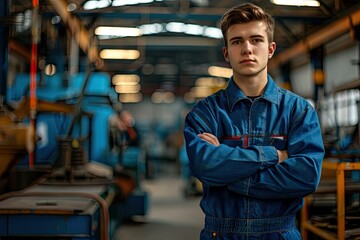 A man in a blue jumpsuit stands in a factory with his arms crossed. Concept of professionalism and focus, as the man is in a work environment
