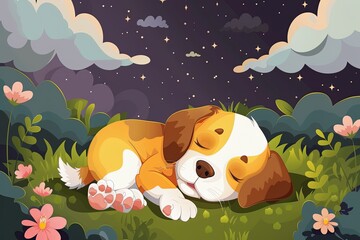 Adorable Puppy Dreamland: Serene Illustration in Vector Art