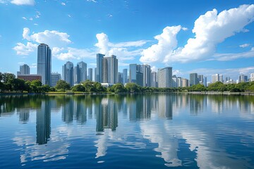 Tranquil Blue Sky: Sleek Cityscape with Reflective Buildings