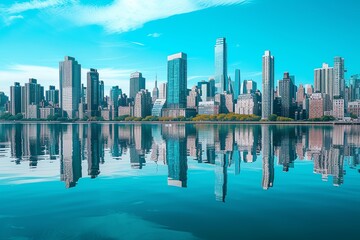 Tranquil Blue Sky Reflections: Sleek Cityscape with Reflective Buildings