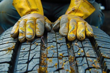 A tire with a nail in it and a person wearing yellow gloves
