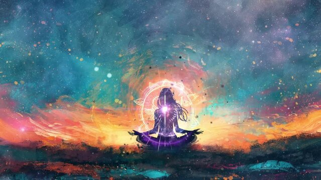 Silhouette of a person sitting in lotus position in meditation with nebula galaxy background. Connect with the subconscious. Mindful spirituality.