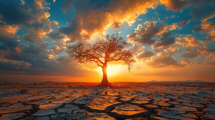 A tree stands alone in a barren, dry landscape. The sky is filled with clouds and the sun is setting, casting a warm glow over the scene. Concept of solitude and desolation