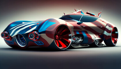 Ultra-modern vehicle concept with patriotic design - ideal for discussions on futuristic automotive technologies and design aesthetics