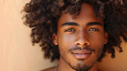 Beauty portrait of african american man with clean healthy skin on beige background, Smiling dreamy beautiful afro haitstyle boy.Curly black hair