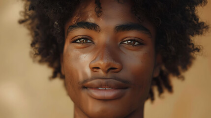 Beauty portrait of african american man with clean healthy skin on beige background, Smiling dreamy beautiful afro haitstyle boy.Curly black hair