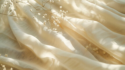 Beige linen fabric texture with folds and a natural floral sunlight shadow, aesthetic summer wedding bohemian background