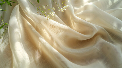 Beige linen fabric texture with folds and a natural floral sunlight shadow, aesthetic summer wedding bohemian background