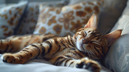 Bengal cat lying on sofa and smiling