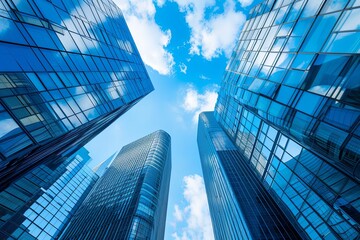 Fototapeta na wymiar Sky-high Urban Reflections: Futuristic Skyscrapers Piercing the Blue Sky