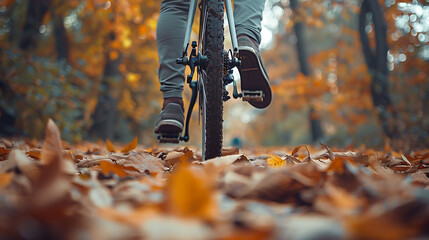 Bicycle, closeup and feet of casual cyclist travel on a bike in a park outdoors in nature for a ride or commuting, Exercise, wellness and lifestyle student cycling as sustainable transport