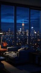 Fototapeta na wymiar New york Apartment in blue night city architecture metropolis.