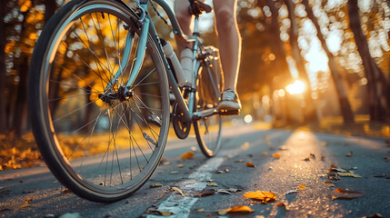 Bicycle, closeup and feet of casual cyclist travel on a bike in a park outdoors in nature for a ride or commuting, Exercise, wellness and lifestyle student cycling as sustainable transport