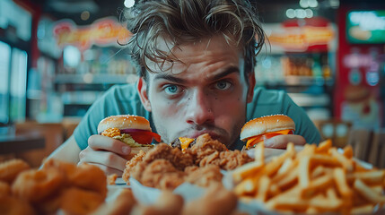 Binge eating disorder concept with man eating fast food burger, fired chicken , donuts and desserts 