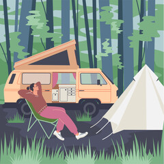 Adventure camping scene. Man rest in camping chair. Tent, trailer, forest landscape. Summer travel and picnic stuff. Flat graphic vector illustration.