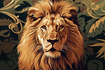 Vector Illustration: Majestic Lion King - Wildlife Predator with Artistic Symbolic Power