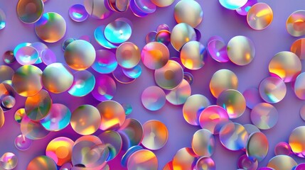 Multicolored iridescent circles on purple background, 3d render.