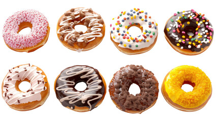 Collection of donuts as a dessert on a transparent background. Sweet food for dessert.