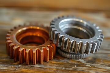 Two gears sitting on top of a wooden table next to each other on a table top with a wooden surface