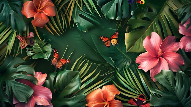 Tropical background with palm leaves, hibiscus flowers and butterflies