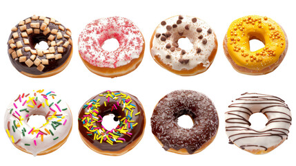 Donuts with various flavors and toppings are available. Various flavors of donuts on a transparent background.