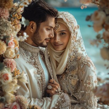 A Muslim couple wedding on the beach wearing a hijab wearing strong Islamic culture, taking photos accompanied by a bouquet and beautiful flower background.