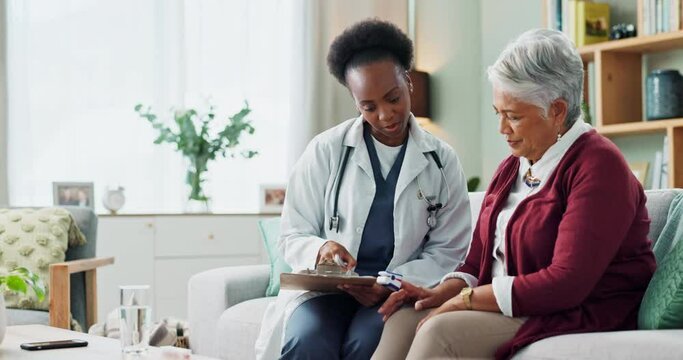 Black doctor, mature patient or paper in consultation, advice or trust as electronic medical record. Female physician, older woman or tech to support, help or discuss in professional health clinic