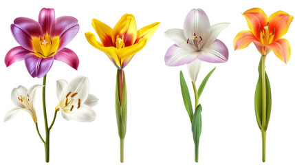 A collection of blooming tulips on a transparent background.