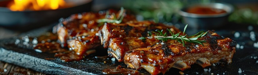 Close up of grilled pork ribs with rosemary and soy sauce. BBQ with Copy Space. 