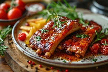 Grilled pork ribs with sauce and french fries on a wooden board. BBQ with Copy Space. 