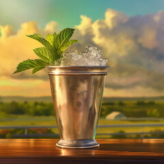 Mint julep served in a silver cup against the background of the racetrack, close-up, in the warm afternoon light - obrazy, fototapety, plakaty