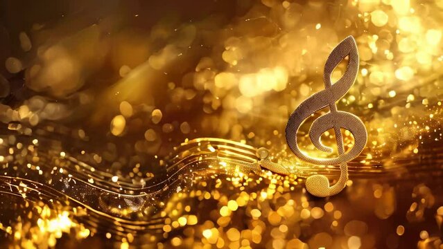 Music treble clef and notes with golden sparkles on shimmering animated motion background