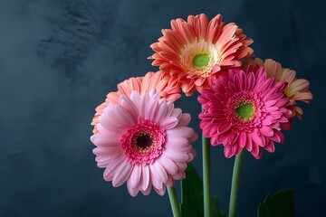 Three pink and orange flowers in a vase on a table top with a dark background and a green stem