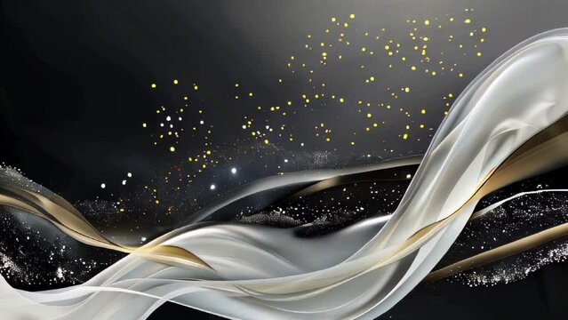 Abstract flowing golden and silver lines on black background glitter particles, animated motion background