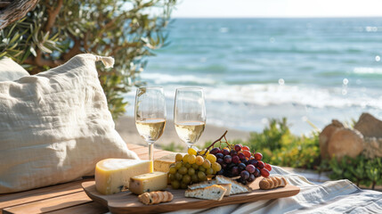 White wine in glasses, appetizers and grapes on a wooden table overlooking the seashore