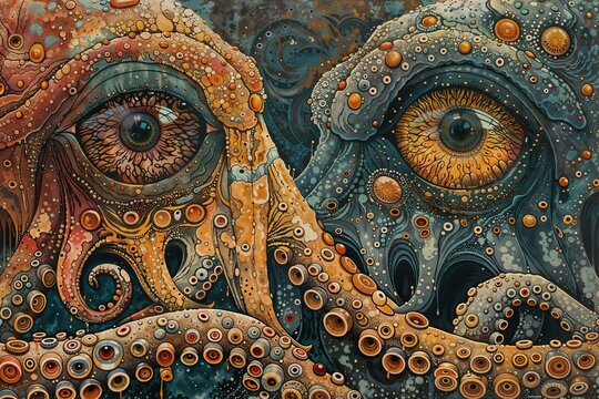 A painting depicting an octopus interacting with a mans face in a surreal and intriguing scene