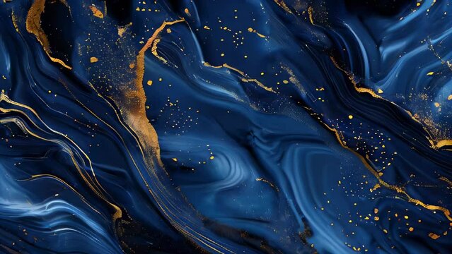 Abstract blue and gold marble pattern with flowing lines swirls, animated motion background