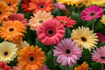 A bunch of colorful flowers that are in a field of flowers with one flower in the middle of the